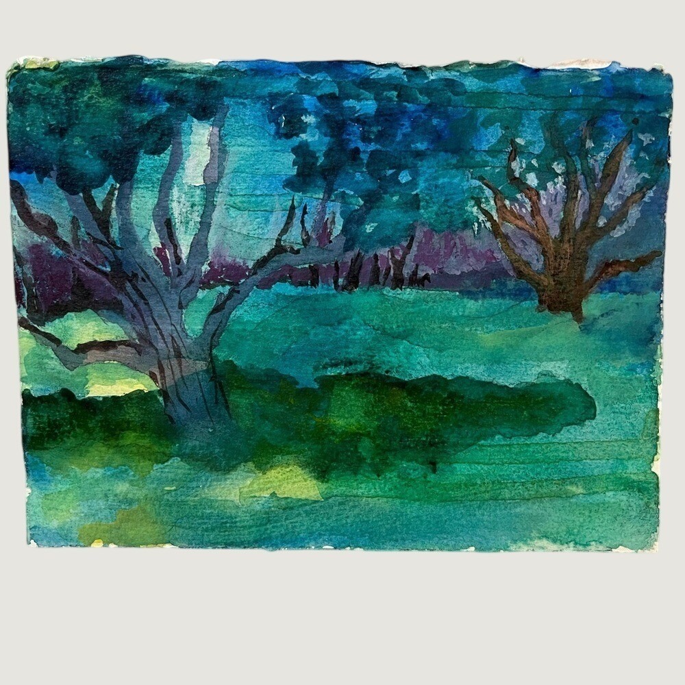 Original Watercolor Painting Peaceful Nature Ready To Frame Green Blue